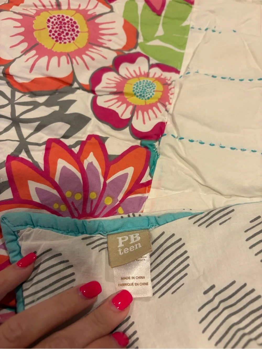 Pottery Barn Teen Multicolor Patchwork Quilt — Aqua, Pink, Coral, Gray